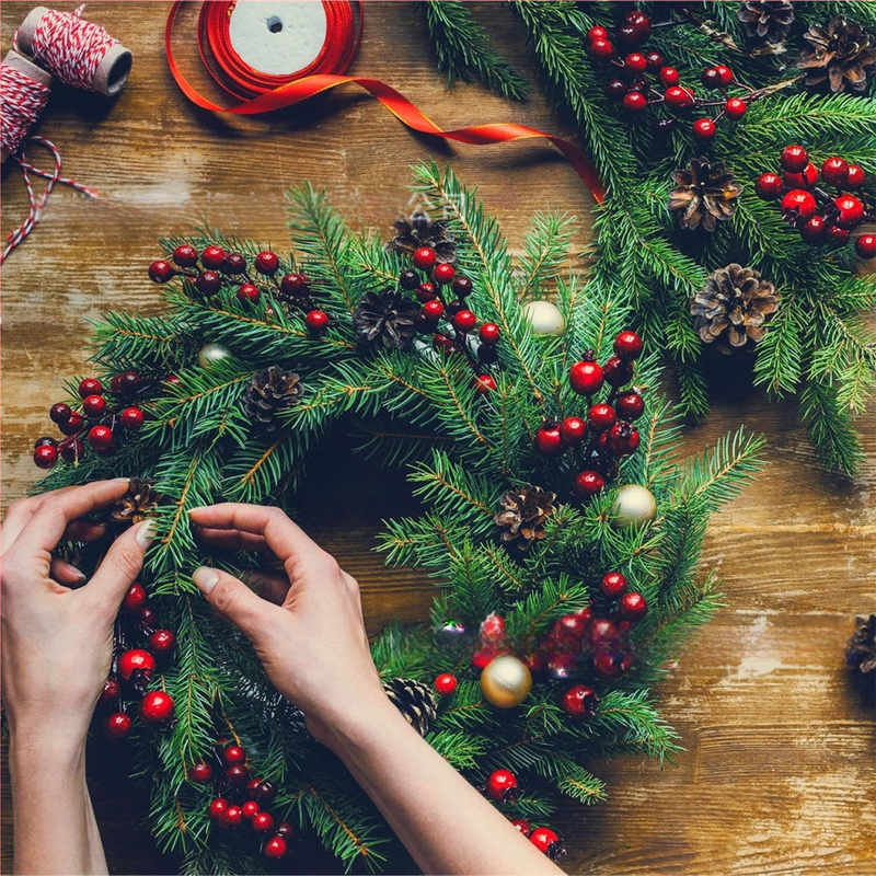 Τεχνητές κλάδοι πεύκου με κόκκινα φρούτα, σετ 60 κλάδων, πλαστικό, χριστουγεννιάτικη διακόσμηση