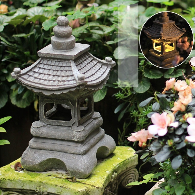 Akmeninis žibintas sodo dekoras lauko apšvietimui — sintetinis derva, kinų stilius, zen kraštovaizdis