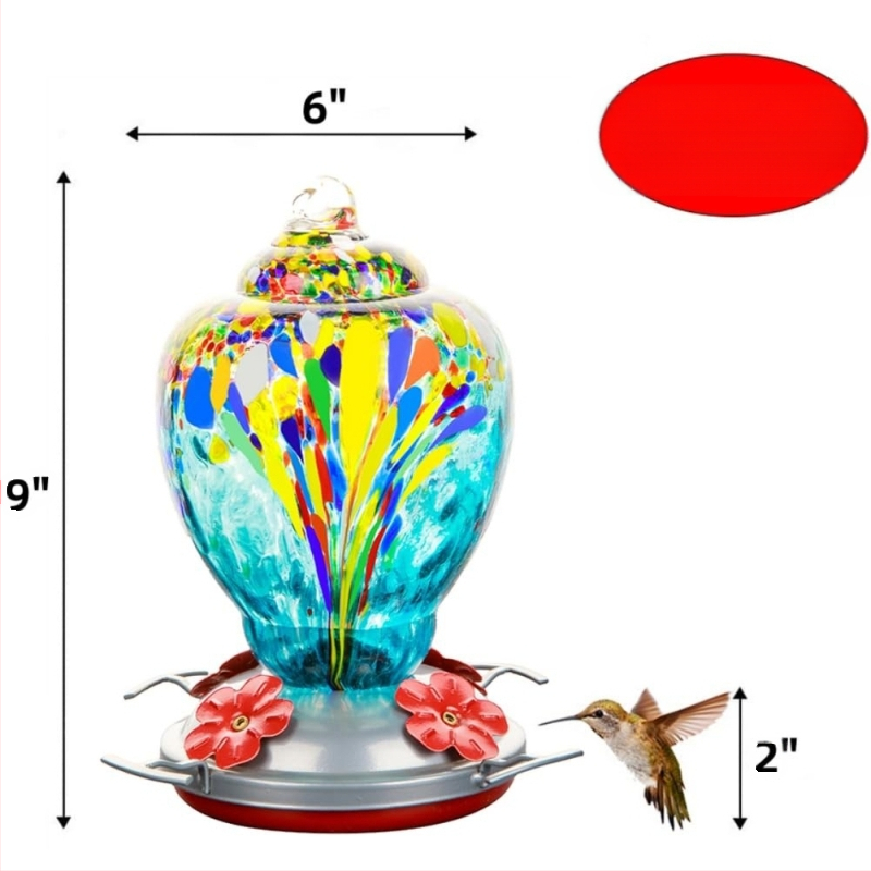 Stiklinė vandens lesyklėlė paukščiams su dažytu stiklo/plastiko gėlių akcentu