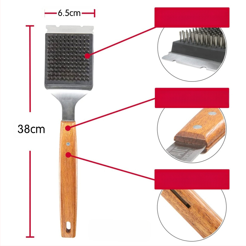 Ārējā BBQ birste ar skrāpi, paplašināta koka rokturis, nomaināma nerūsējošā tērauda sariņu galviņa grila un dūmu kameru tīrīšanai