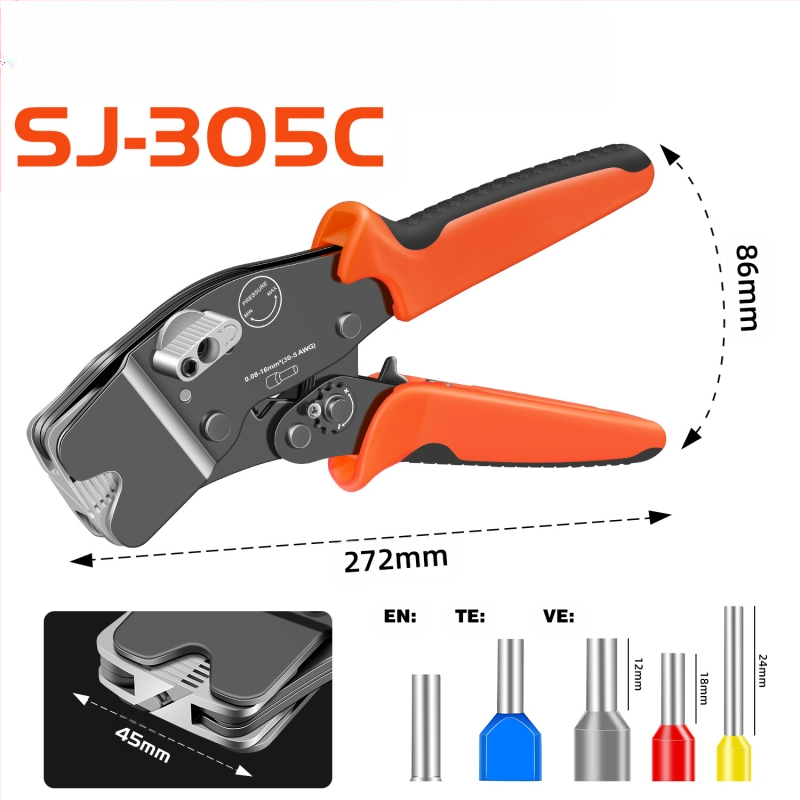 SANJIANG Krimpavimo replės VE vamzdiniams terminalams su iš anksto izoliuotais pin terminalais, specialus krimpavimas vamzdiniams terminalams, aukštos anglies plienas, svoris 0.52