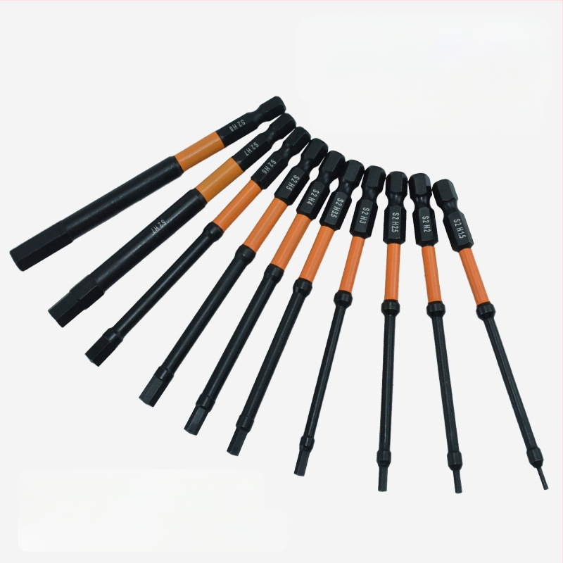 Комплект от 10 метрични шестогранни битове, фосфатирано покритие, S2 сплав, удароустойчиви, тънък профил