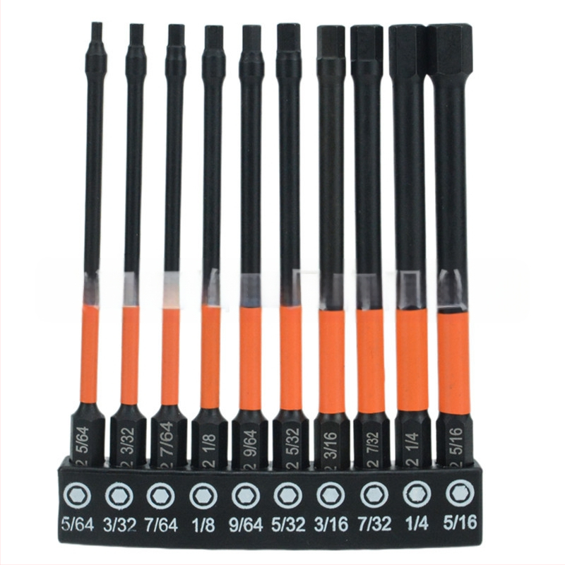 Комплект от 10 метрични шестогранни битове, фосфатирано покритие, S2 сплав, удароустойчиви, тънък профил