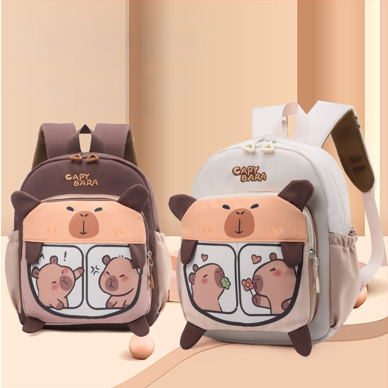 Gyerekeknek való iskolai hátizsák kapibara mintával, Oxford anyag, légáteresztő és kopásálló, gyerekes és aranyos stílus, poliészter bélés, görbült vállpántok