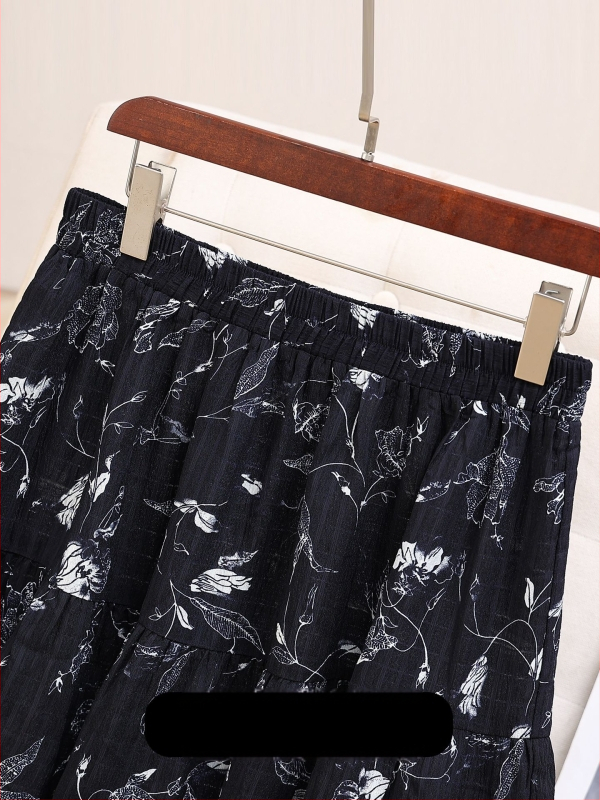 Gėlių rašto A linijos midi sijonas, vidutinio ilgio, 95% poliesteris, japonų-korejiečių laisvalaikio stilius