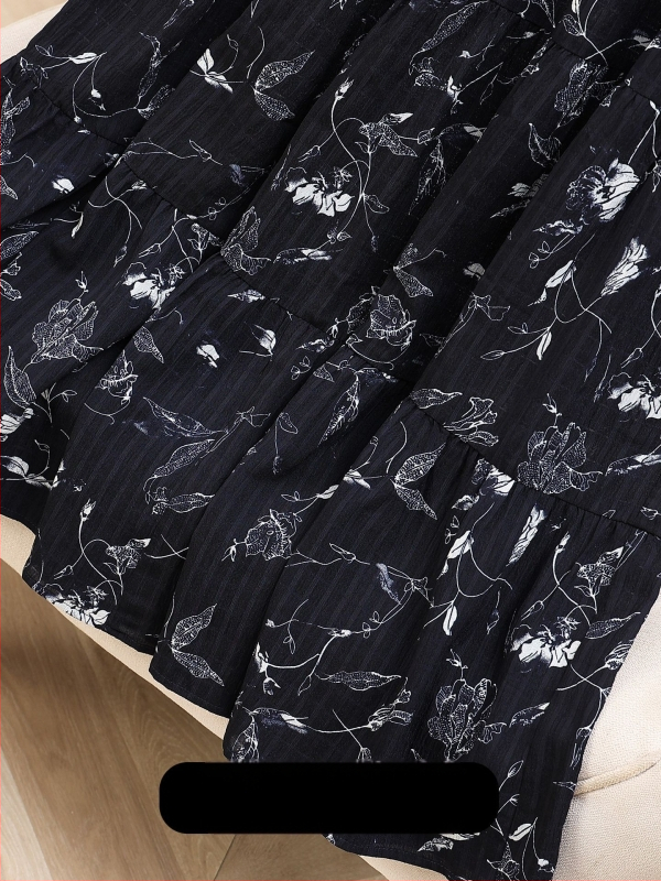 Gėlių rašto A linijos midi sijonas, vidutinio ilgio, 95% poliesteris, japonų-korejiečių laisvalaikio stilius