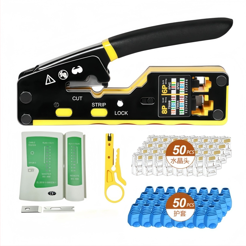 RJ45 krimavimo įrankių rinkinys Cat5e/6/7 su uodegos klipu, aukštos anglies plienas, lengva naudoti
