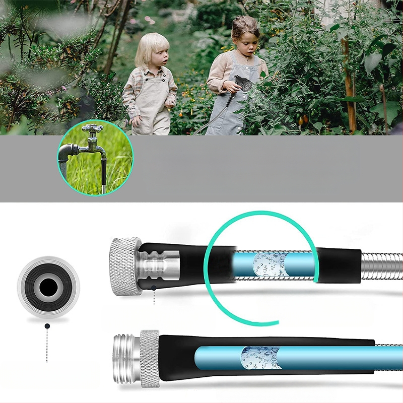 Metalinė sodo žarna LET-0008, lydinio medžiaga, maksimali slėgis 1,5 MPa, purškimo nuotolis 10 m, metalinė galvutė