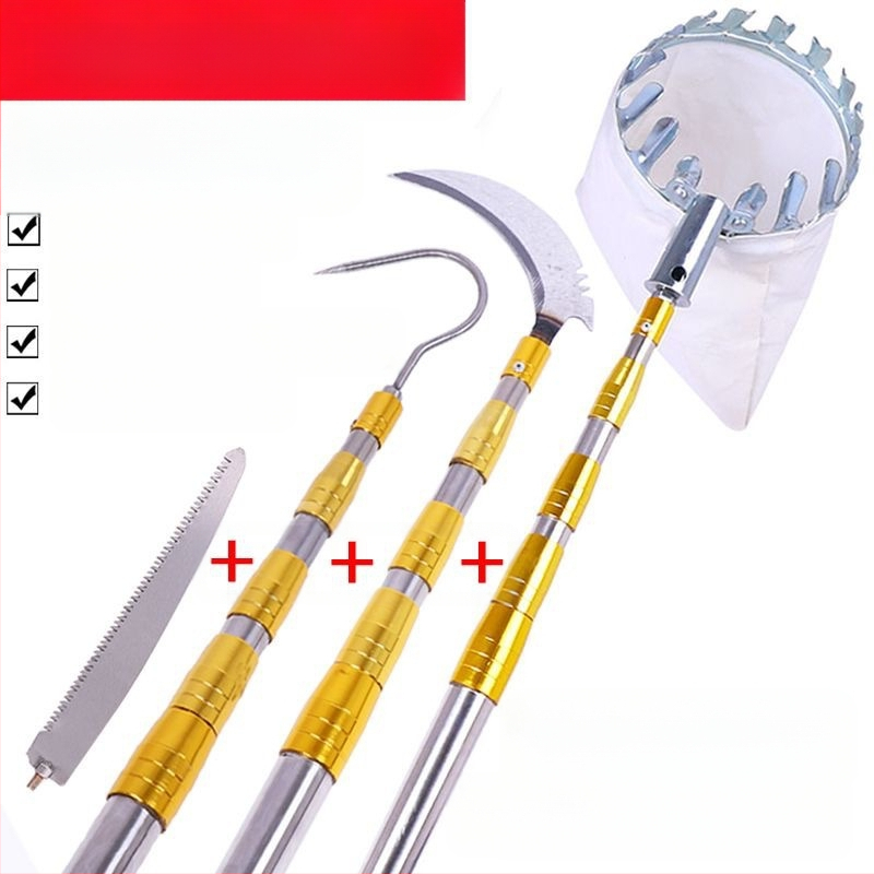 Unealtă telescopică pentru cules fructe cu foarfece pentru crengi și cârlig — oțel inoxidabil, braț cu 5–6 secțiuni, lungime reglabilă