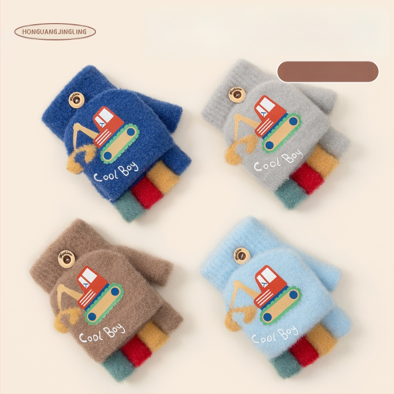 Vaikų žieminės pirštinės su karikatūrų dizainu, pusiau pirštų stilius, megzti akriliniai pluoštai, šiluma vaikams, žiema ir ruduo