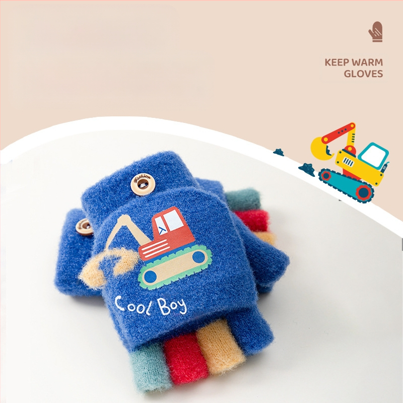 Vaikų žieminės pirštinės su karikatūrų dizainu, pusiau pirštų stilius, megzti akriliniai pluoštai, šiluma vaikams, žiema ir ruduo