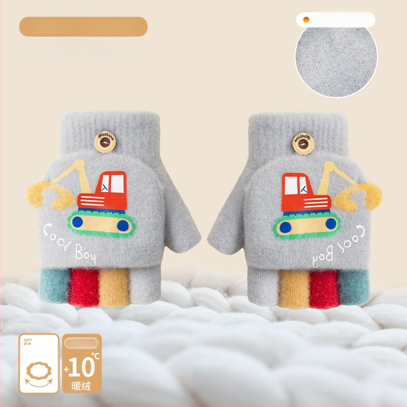 Vaikų žieminės pirštinės su karikatūrų dizainu, pusiau pirštų stilius, megzti akriliniai pluoštai, šiluma vaikams, žiema ir ruduo