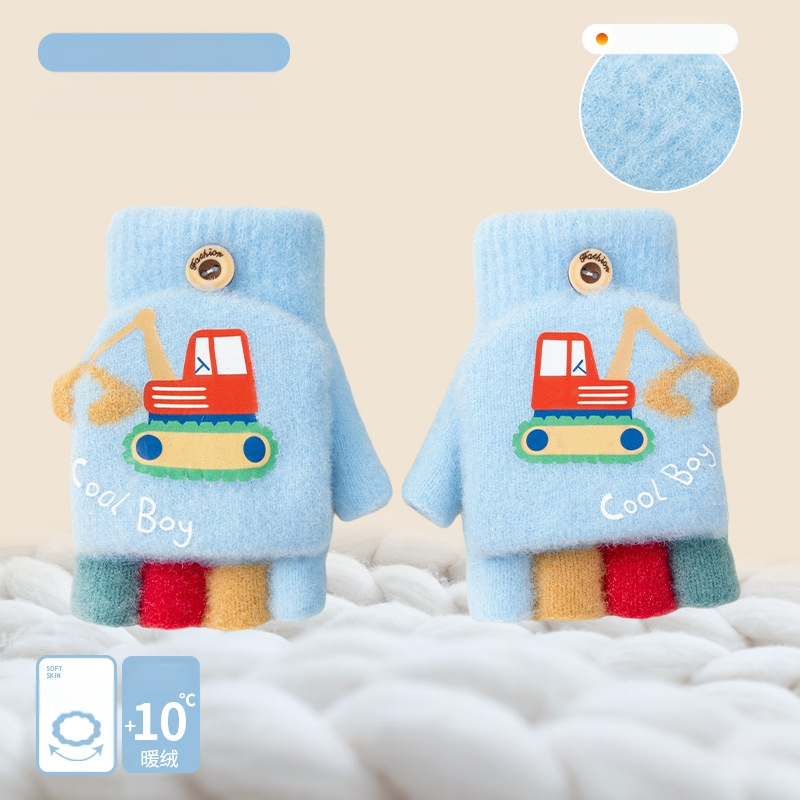 Vaikų žieminės pirštinės su karikatūrų dizainu, pusiau pirštų stilius, megzti akriliniai pluoštai, šiluma vaikams, žiema ir ruduo