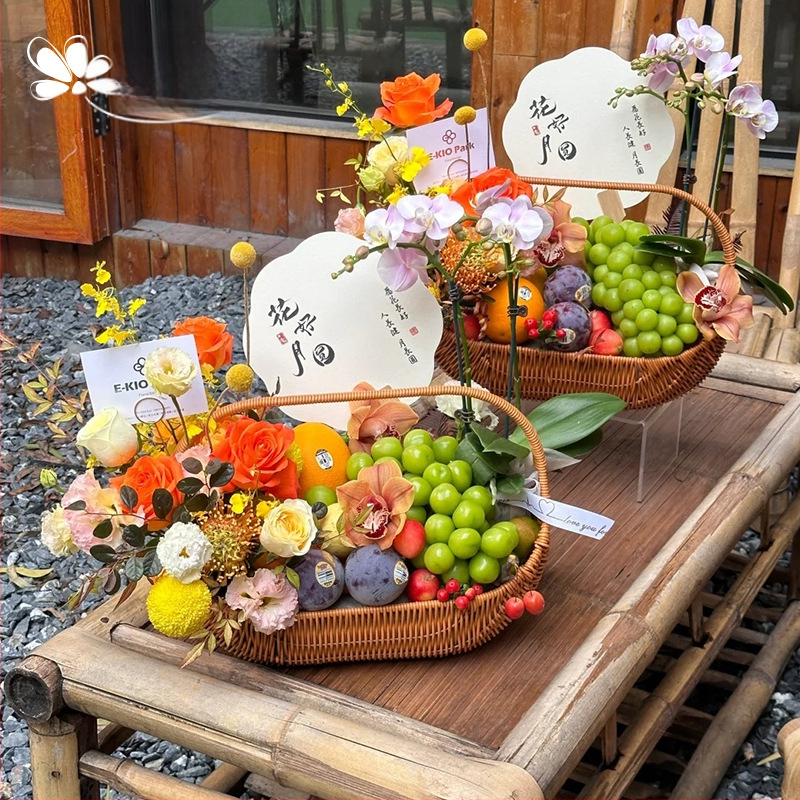 Coș de mână pentru fructe și ouă, în stil pastoral francez, imitatie de răchită, ambalare cadou (Material: Willow/straw; Process: Handmade packaging; Packing level: 1)