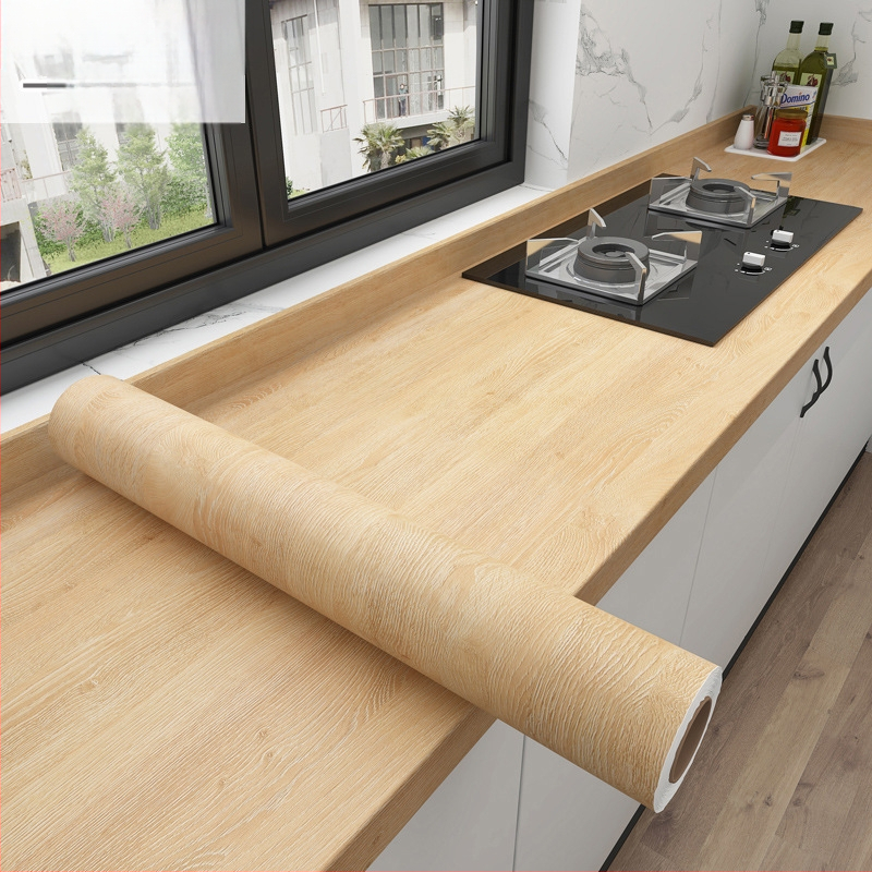 Debela vinil naljepnica za obnovu kuhinjskog pulta s drvenim uzorkom, vodootporna, samoljepljiva, 40×100 cm, žuti hrast – za namještaj, stolove, ormariće i vrata (prugasti uzorak)