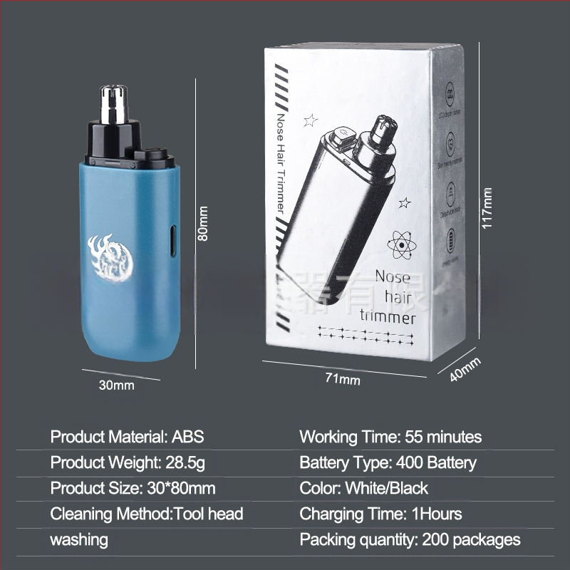 Elektrinis nosies plaukų skutimo prietaisas – nuimama plovimo galvutė, įkraunama baterija 300–500 mAh, ABS korpusas, veikimas daugiau nei 15 dienų