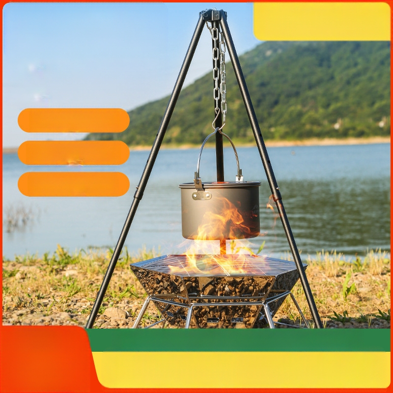 Mount Rock lauko trikojis laužo stovas su pakabinamu puodų laikikliu — aliuminio lydinys, nešiojamas, lengvas, dviguba paskirtis