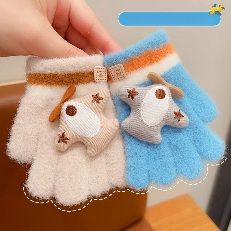 Megzti šilti vaikų pirštiniai su karikatūriniu lėktuvo motyvu, 0–4 metų, ruduo–žiema, pirštinės, pritaikomos