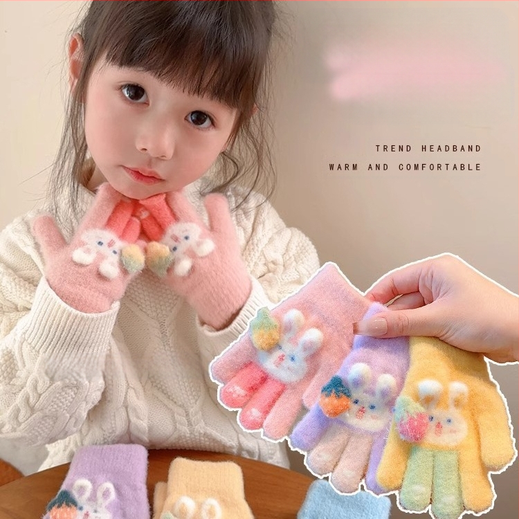 Gyerekeknek szánt téli kesztyű polár fleece anyagból, kötött, ötujjú, Cartoon mintával, 3–12 éveseknek