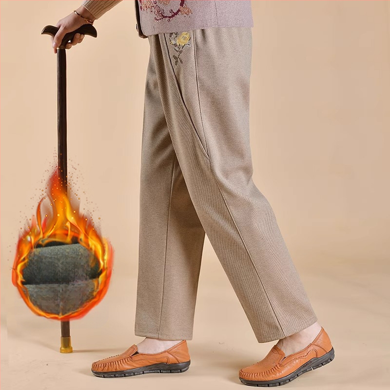 Дамски подплатени панталони за средна възраст за зима, свободна кройка, полиестерова материя, дебел тъкан, ежедневен стил