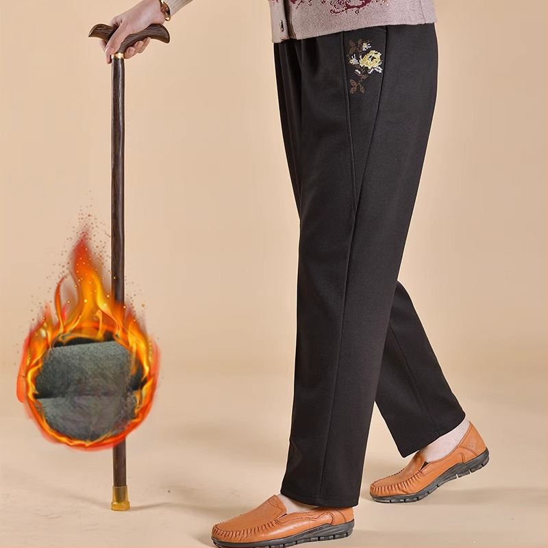 Дамски подплатени панталони за средна възраст за зима, свободна кройка, полиестерова материя, дебел тъкан, ежедневен стил