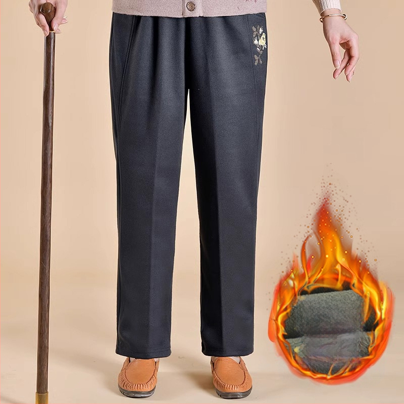 Дамски подплатени панталони за средна възраст за зима, свободна кройка, полиестерова материя, дебел тъкан, ежедневен стил