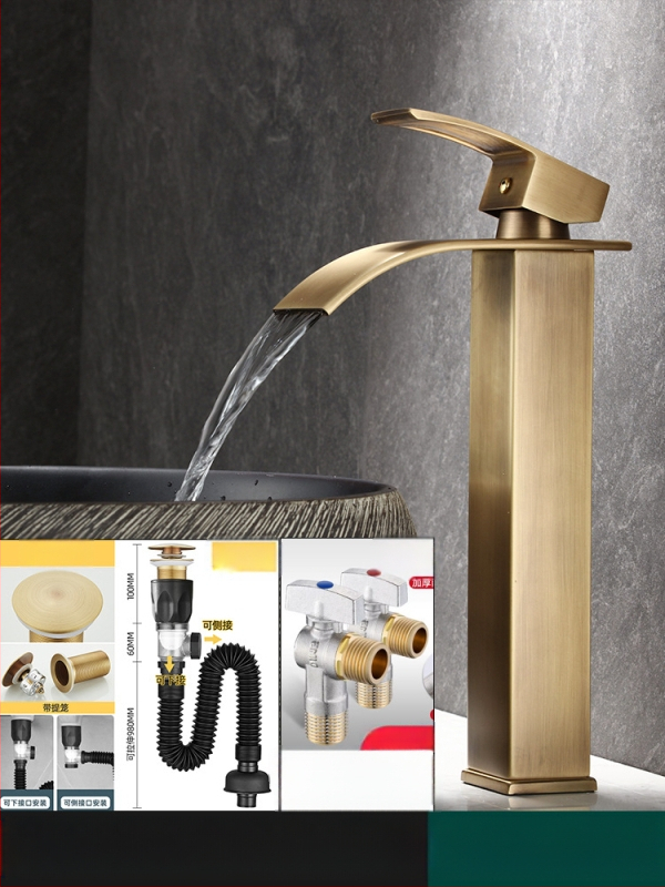 Vízcsap mosdóhoz, vízesés-stílusú, vintage dizájn, modell JS-AD001, anyag: rozsdamentes acél, kerámiabetét, egyetlen csatlakozás