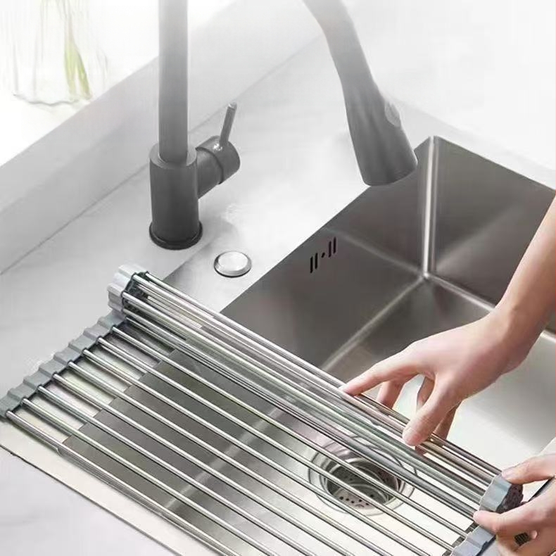 Nerūdijančio plieno nutekėjimo laikiklis su sulankstomu teleskopiniu dizainu virtuvės indų laikymui — modernus stilius, leidimas 2017 m. pavasarį