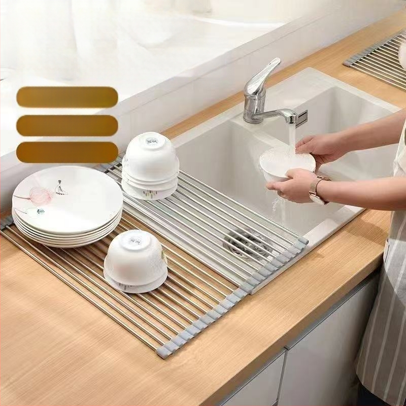 Nerūdijančio plieno nutekėjimo laikiklis su sulankstomu teleskopiniu dizainu virtuvės indų laikymui — modernus stilius, leidimas 2017 m. pavasarį