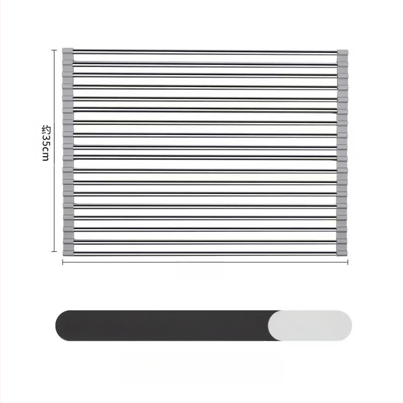 Nerūdijančio plieno nutekėjimo laikiklis su sulankstomu teleskopiniu dizainu virtuvės indų laikymui — modernus stilius, leidimas 2017 m. pavasarį