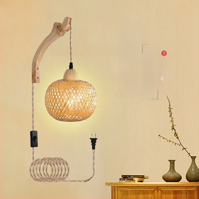 Fali lámpa bambusz fonott árnyékolóval, fából készült művészeti alkotás, teaház hangulat, japán stílusú retro, hálószobai kreatív lámpa, 220V, 3C tanúsítvány 2023010105591769