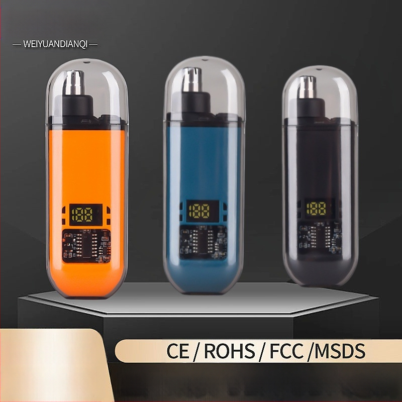 Nosies plaukų skutimo prietaisas, įkraunamas, mažas ir nešiojamas, su nuimamą plaunamą pjovimo galvutę, ABS korpusas.