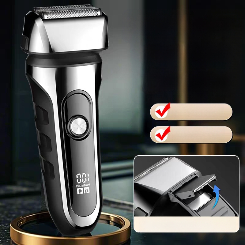 Elektrinis skustuvas su atgaline 3 peilių galva, plūduriuojanti galva, įmontuota 500–800 mAh baterija, 90 min veikimo laikas, USB įkrovimas