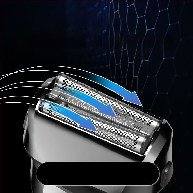 Elektrinis skustuvas su atgaline 3 peilių galva, plūduriuojanti galva, įmontuota 500–800 mAh baterija, 90 min veikimo laikas, USB įkrovimas