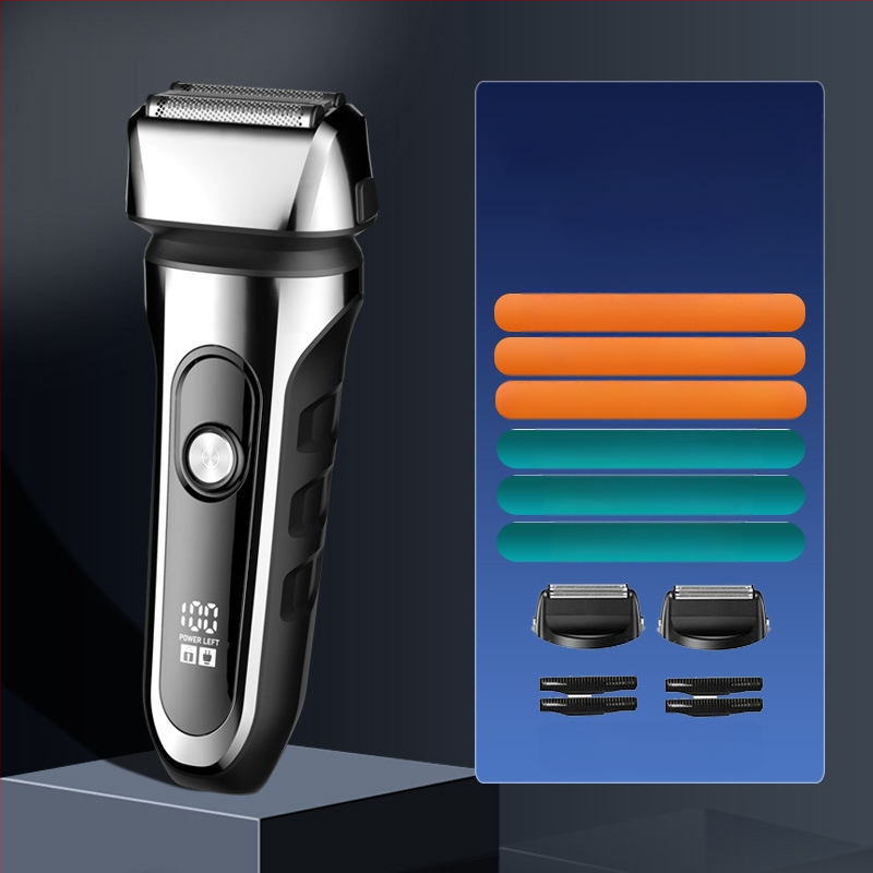 Elektrinis skustuvas su atgaline 3 peilių galva, plūduriuojanti galva, įmontuota 500–800 mAh baterija, 90 min veikimo laikas, USB įkrovimas