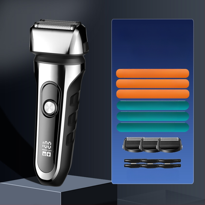 Elektrinis skustuvas su atgaline 3 peilių galva, plūduriuojanti galva, įmontuota 500–800 mAh baterija, 90 min veikimo laikas, USB įkrovimas