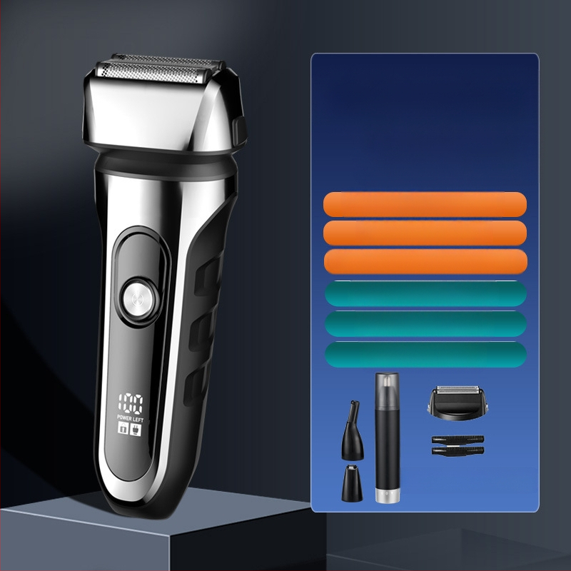 Elektrinis skustuvas su atgaline 3 peilių galva, plūduriuojanti galva, įmontuota 500–800 mAh baterija, 90 min veikimo laikas, USB įkrovimas