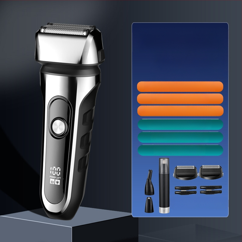 Elektrinis skustuvas su atgaline 3 peilių galva, plūduriuojanti galva, įmontuota 500–800 mAh baterija, 90 min veikimo laikas, USB įkrovimas