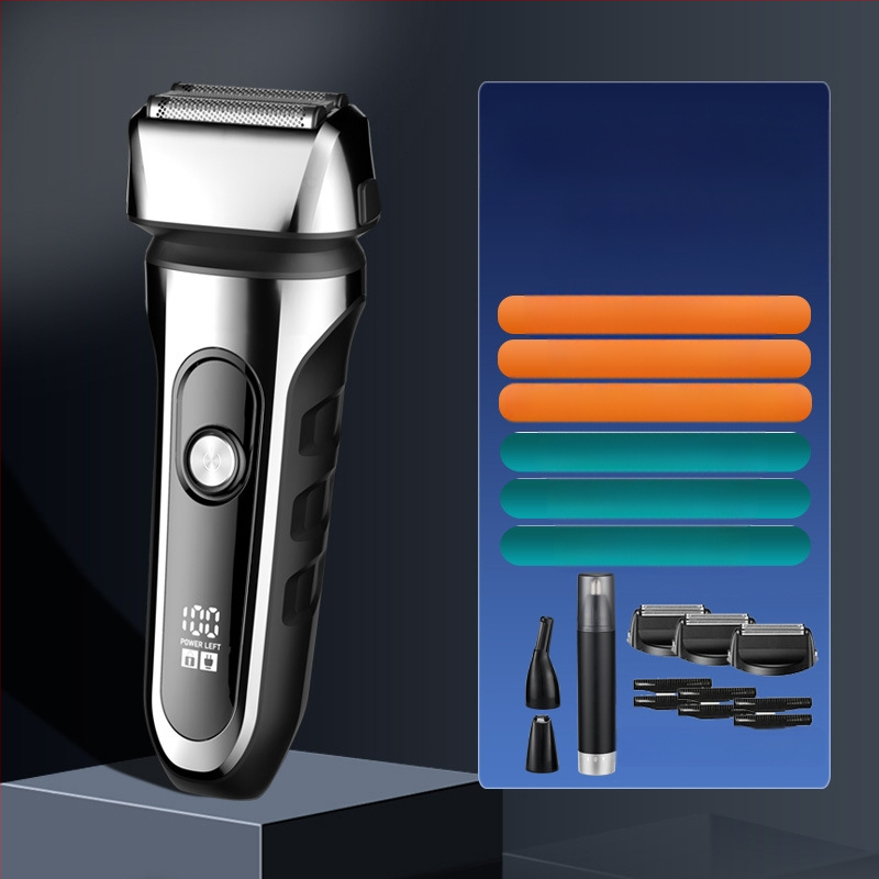 Elektrinis skustuvas su atgaline 3 peilių galva, plūduriuojanti galva, įmontuota 500–800 mAh baterija, 90 min veikimo laikas, USB įkrovimas