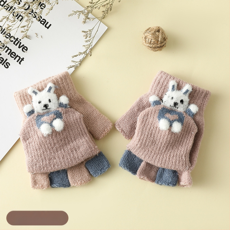 Vaikų žieminės pirštinės su puse piršto ir Flip-Top, kiškučio karikatūra, megztos, šildo, amžius 3–6