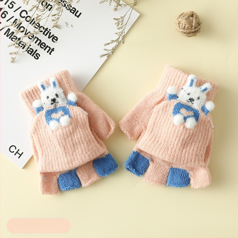 Vaikų žieminės pirštinės su puse piršto ir Flip-Top, kiškučio karikatūra, megztos, šildo, amžius 3–6
