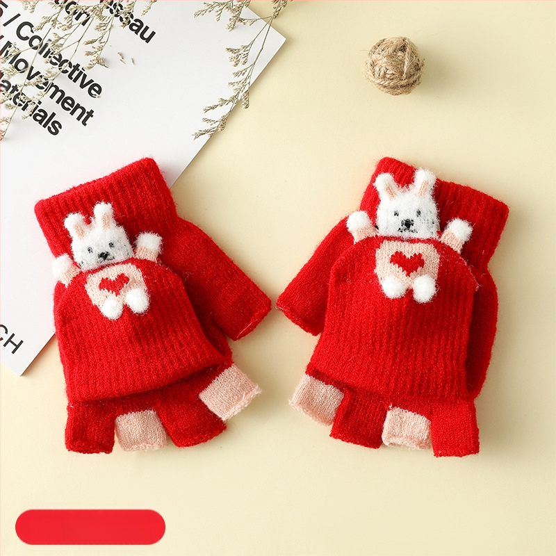 Vaikų žieminės pirštinės su puse piršto ir Flip-Top, kiškučio karikatūra, megztos, šildo, amžius 3–6