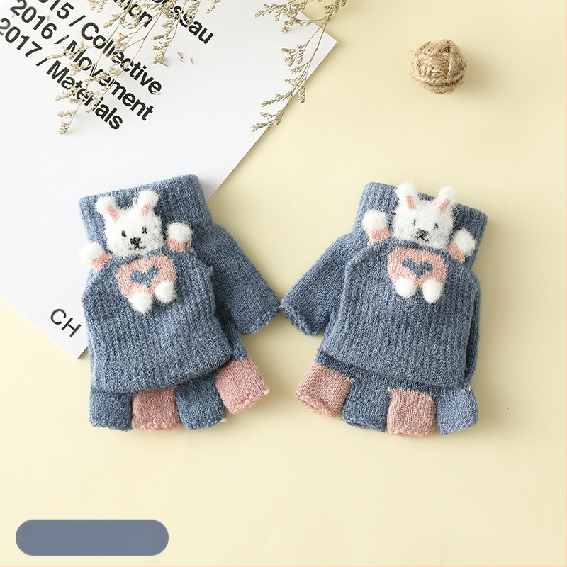 Vaikų žieminės pirštinės su puse piršto ir Flip-Top, kiškučio karikatūra, megztos, šildo, amžius 3–6