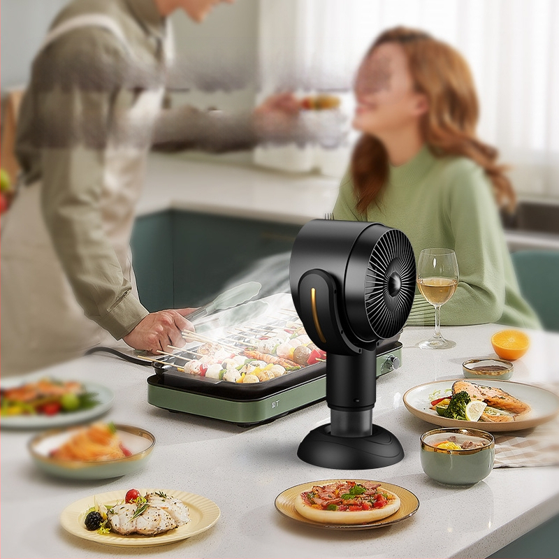 Настолна преносима кухненска качулка за домашна употреба, нисък шум ≤40 dB, обем на изпускане 4,8 м³/мин, мощност <150 W, размери 21×15×35 cm.
