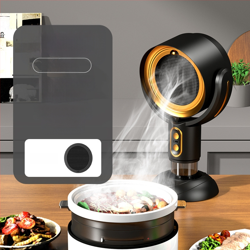 Настолна преносима кухненска качулка за домашна употреба, нисък шум ≤40 dB, обем на изпускане 4,8 м³/мин, мощност <150 W, размери 21×15×35 cm.