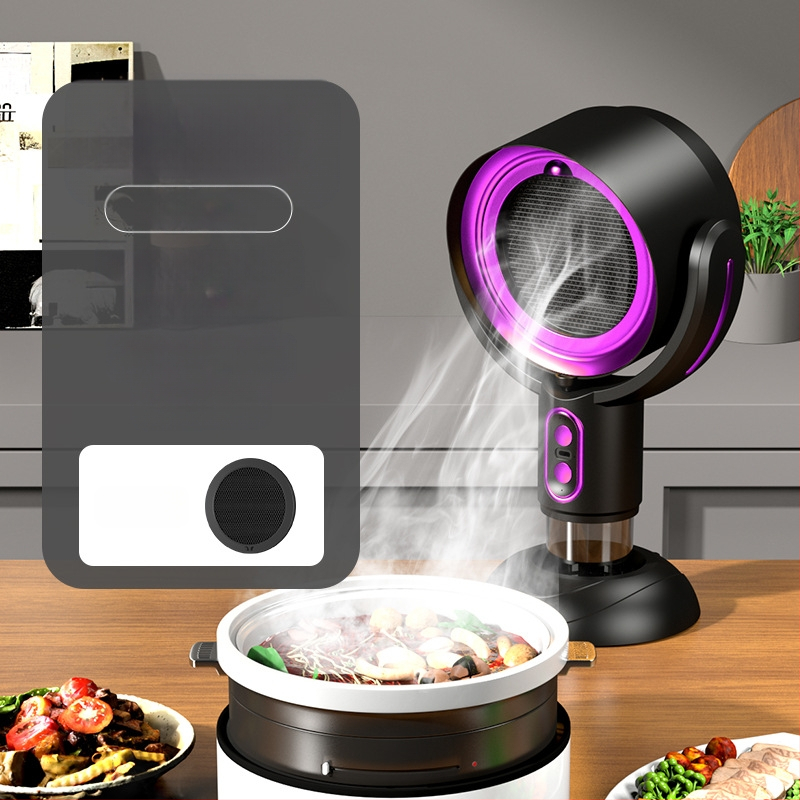 Настолна преносима кухненска качулка за домашна употреба, нисък шум ≤40 dB, обем на изпускане 4,8 м³/мин, мощност <150 W, размери 21×15×35 cm.