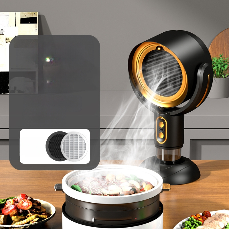 Настолна преносима кухненска качулка за домашна употреба, нисък шум ≤40 dB, обем на изпускане 4,8 м³/мин, мощност <150 W, размери 21×15×35 cm.