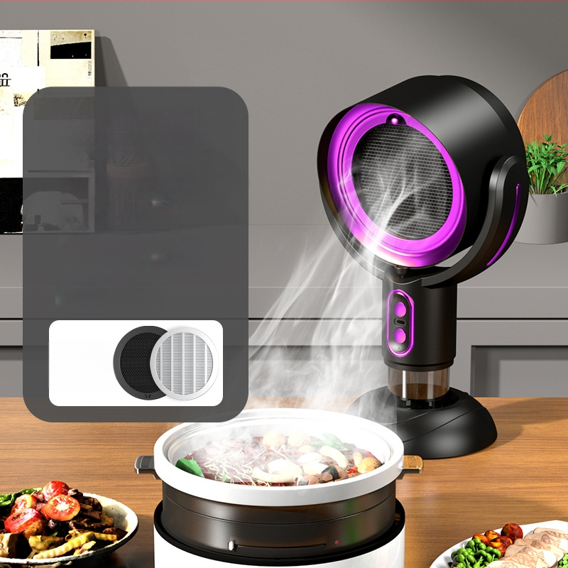Настолна преносима кухненска качулка за домашна употреба, нисък шум ≤40 dB, обем на изпускане 4,8 м³/мин, мощност <150 W, размери 21×15×35 cm.