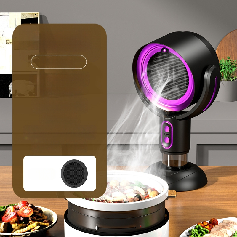 Настолна преносима кухненска качулка за домашна употреба, нисък шум ≤40 dB, обем на изпускане 4,8 м³/мин, мощност <150 W, размери 21×15×35 cm.