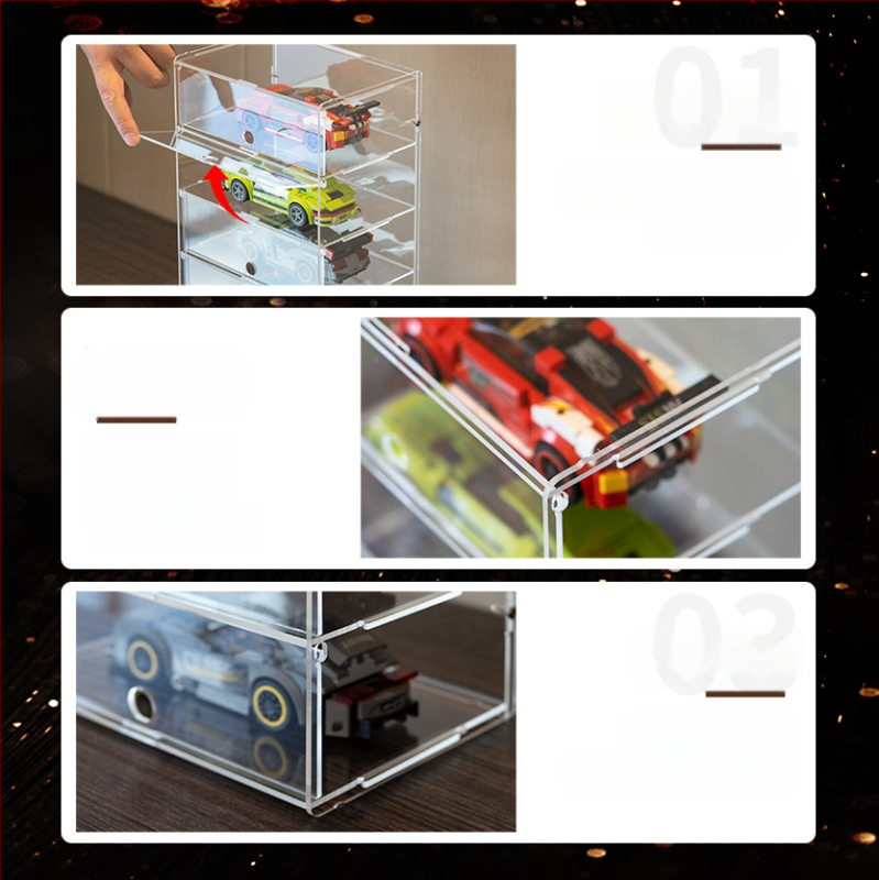 Casetă de expunere Lego Speed – dulap acrilic, protecție împotriva prafului pentru seria de mașini de curse, 2 L capacitate, stil modern minimalist, personalizabil